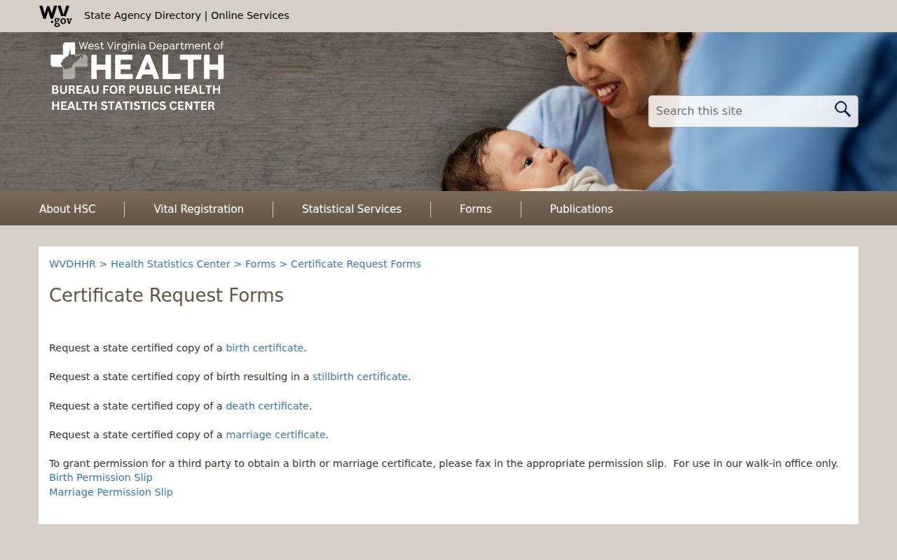 West Virginia certificate request forms for St. Albans vital records